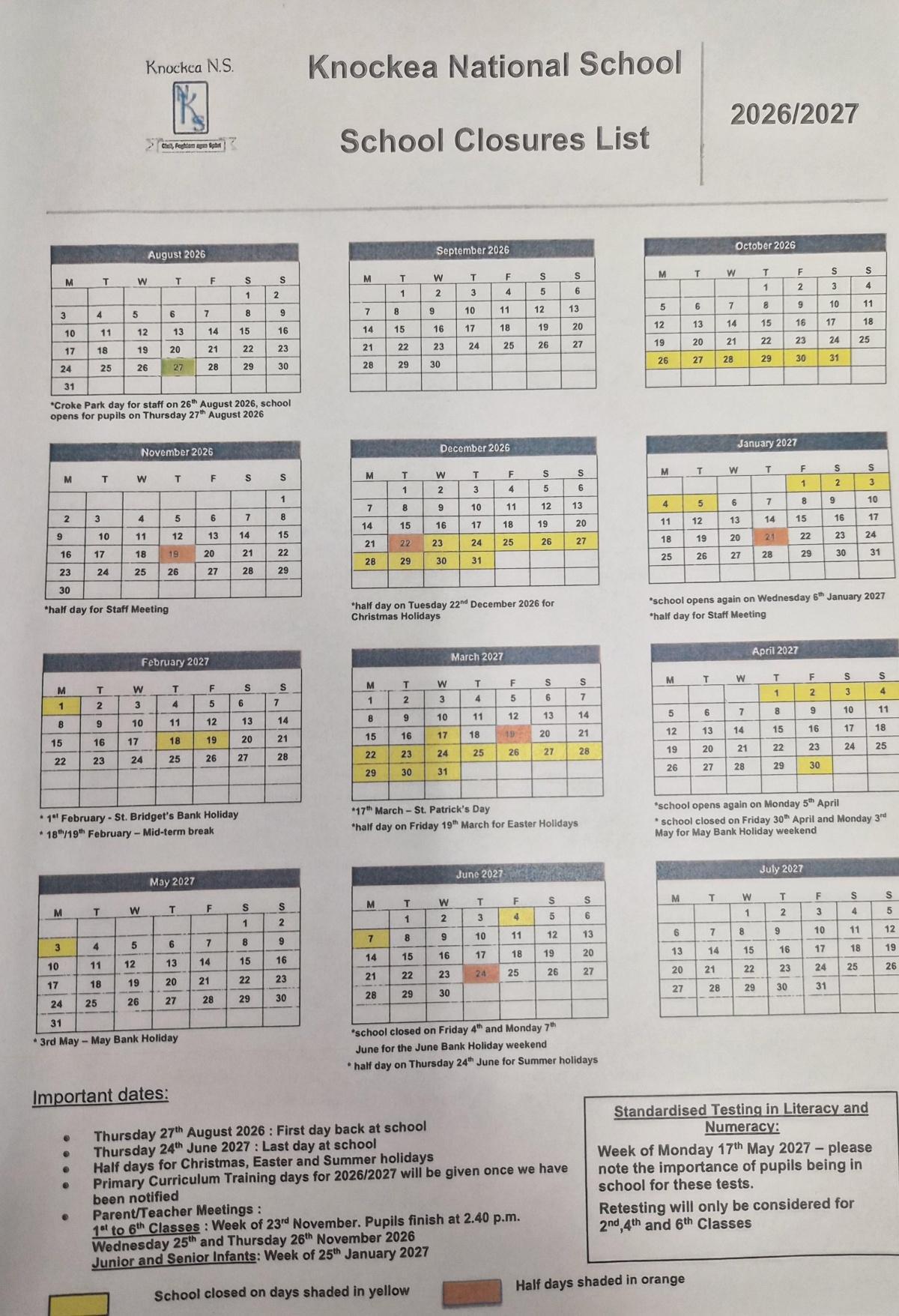 School Closures 2026/2027 