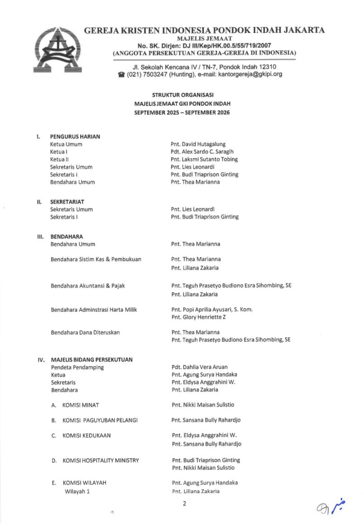 Struktur Organisasi Majelis Jemaat GKI Pondok Indah