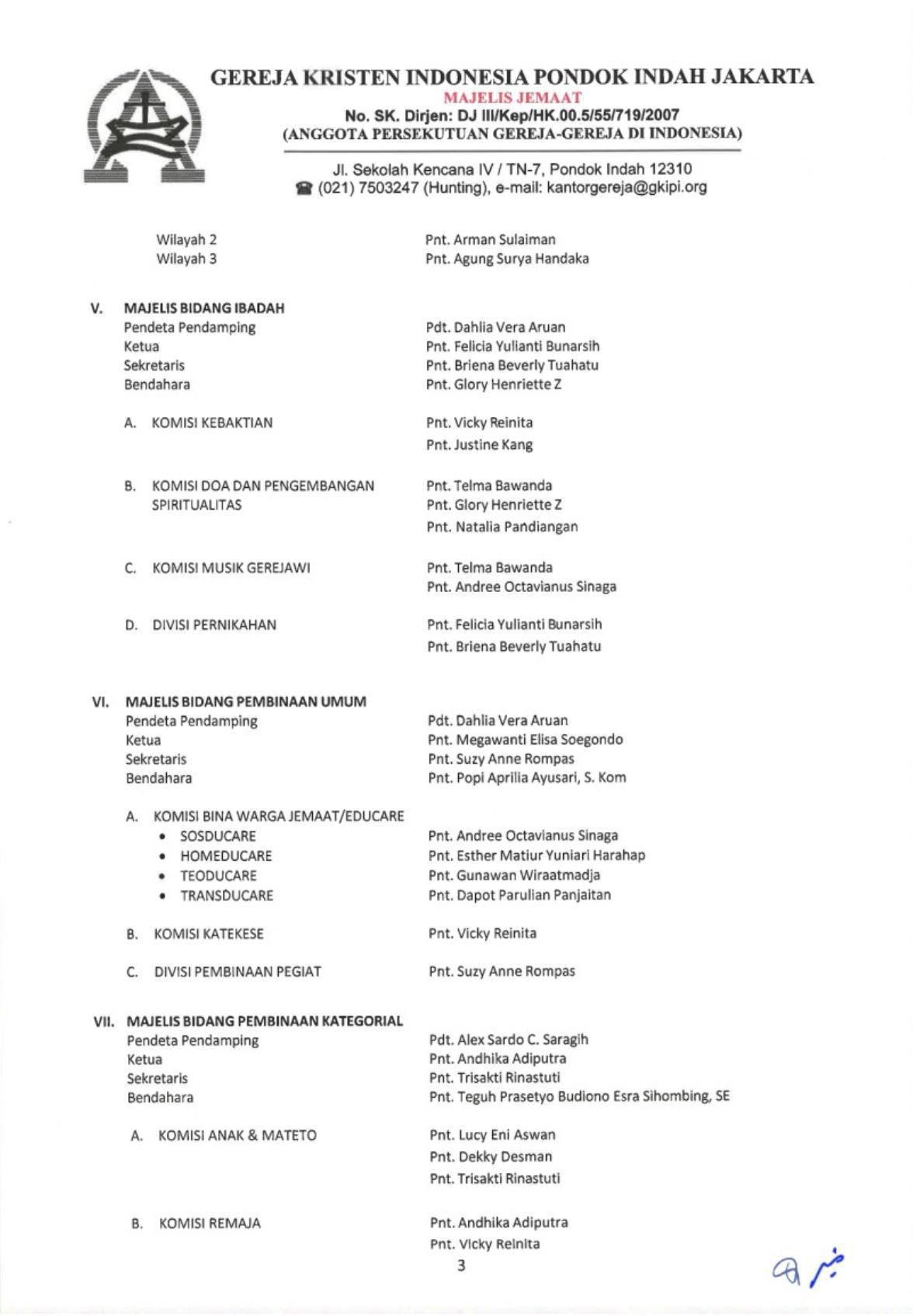 Struktur Organisasi Majelis Jemaat GKI Pondok Indah
