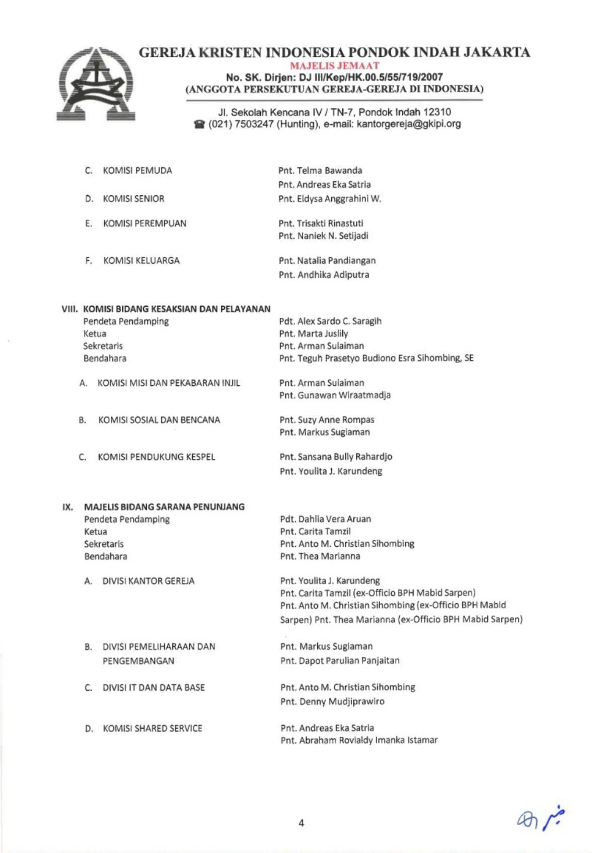 Struktur Organisasi Majelis Jemaat GKI Pondok Indah