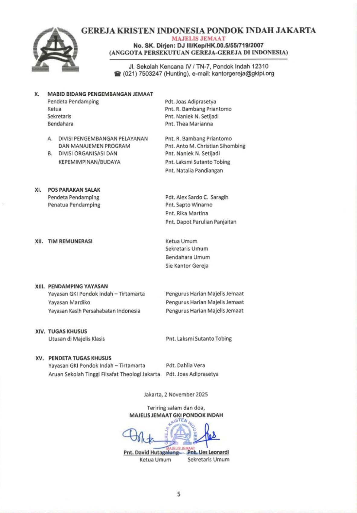 Struktur Organisasi Majelis Jemaat GKI Pondok Indah