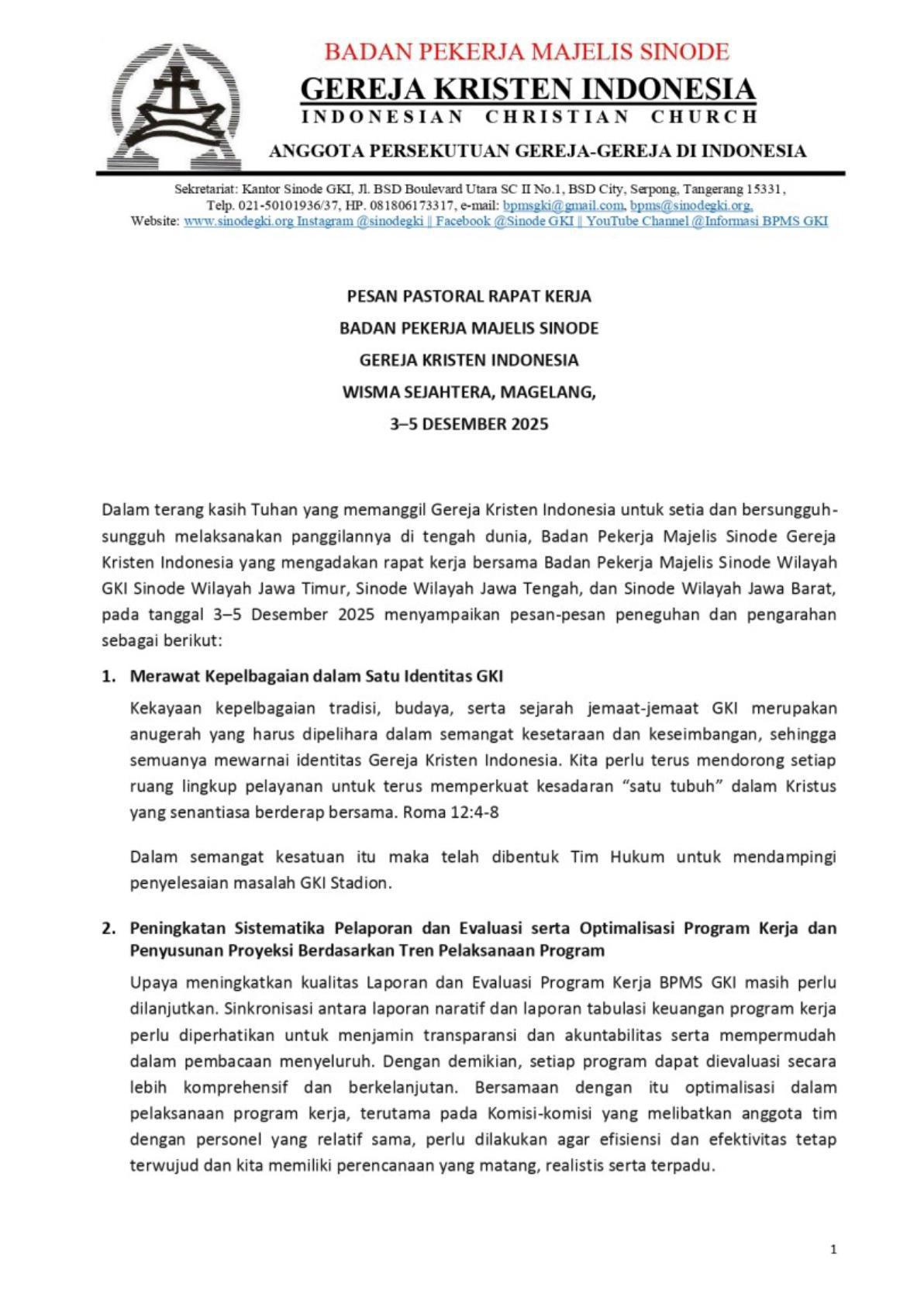 Pesan Pastoral Sinode