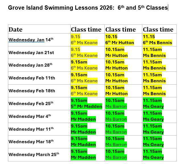 Swimming Timetable Swimming Timetable