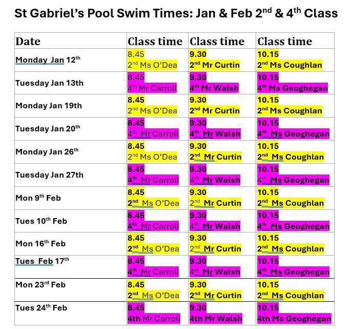 Swimming Timetable Swimming Timetable