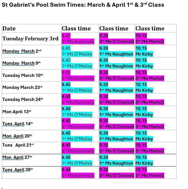 Swimming Timetable