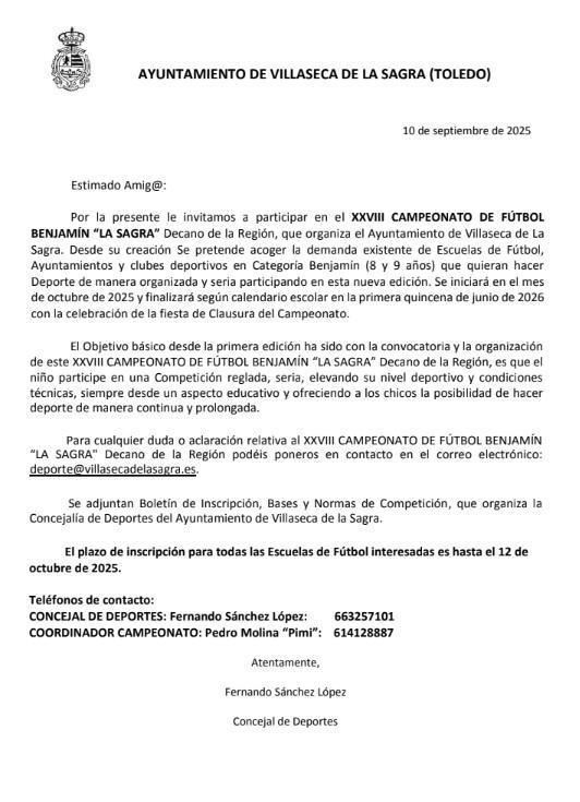 Convocatoria XXVIII Campeonato Benjamín "La Sagra", Decano de la Región