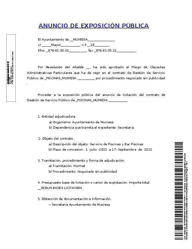 MUNIESA. PISCINAS LICITACIÓN 2022 MUNIESA. PISCINAS LICITACIÓN 2022