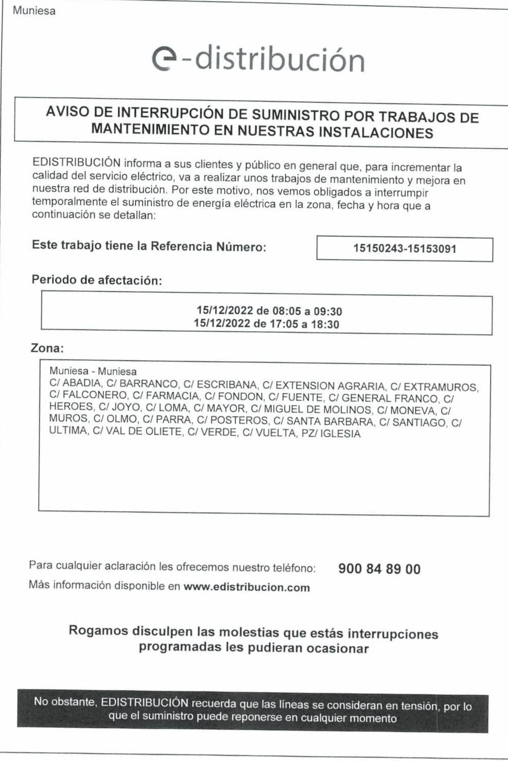 MUNIESA. CORTE DE LUZ EN VARIAS CALLES MUNIESA. CORTE DE LUZ EN VARIAS CALLES