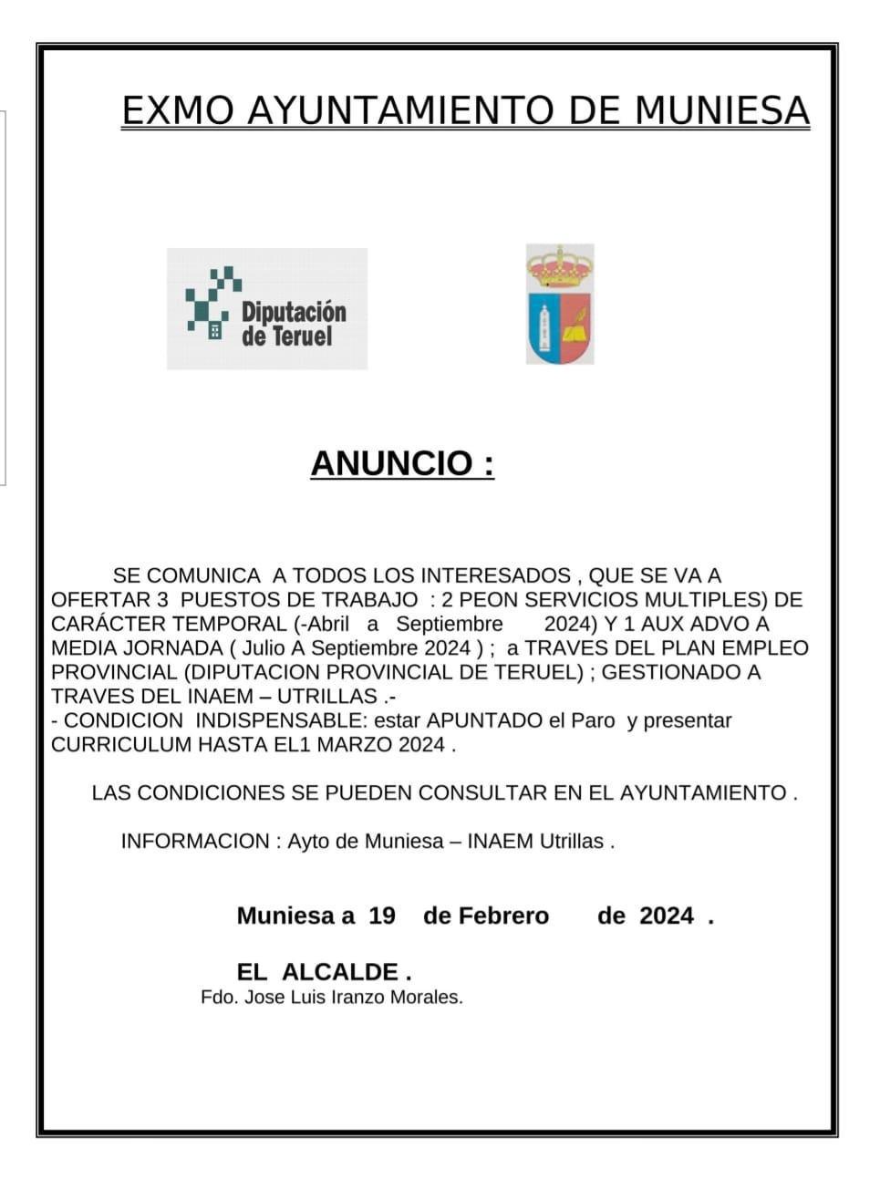 MUNIESA. EMPLEO EN EL AYUNTAMIENTO MUNIESA. EMPLEO EN EL AYUNTAMIENTO