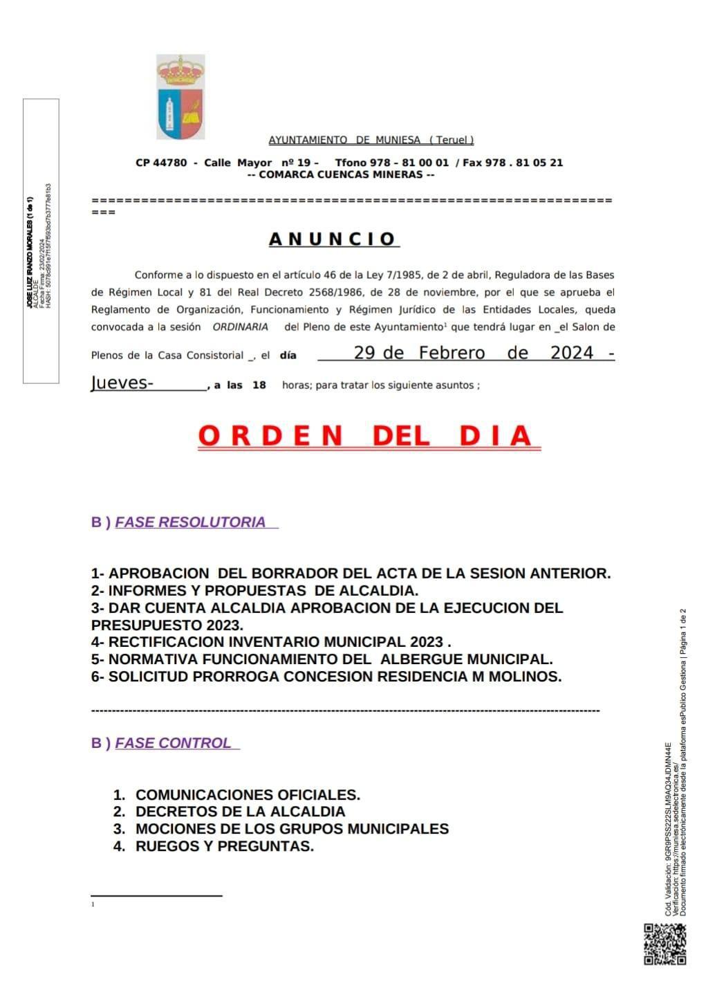 MUNIESA. PLENO DEL AYUNTAMIENTO MUNIESA. PLENO DEL AYUNTAMIENTO