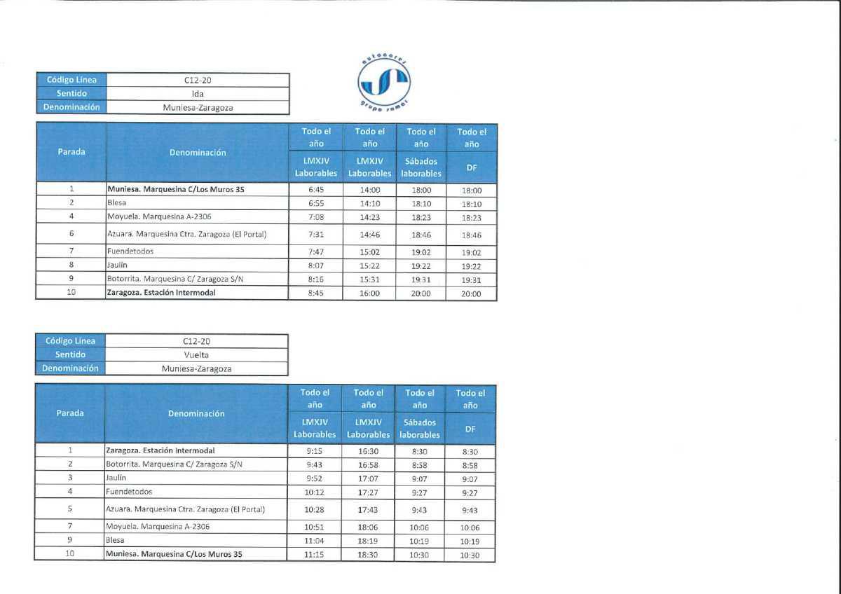 MUNIESA. NUEVOS HORARIOS AUTOBÚS