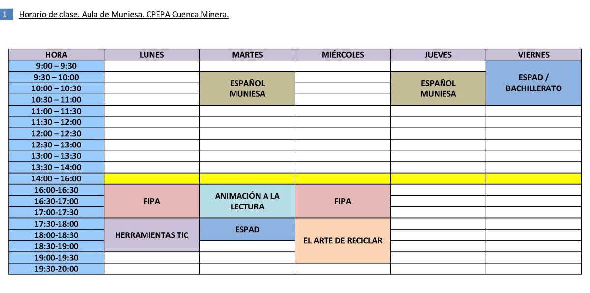 MUNIESA. COMIENZO DE CURSO. HORARIOS