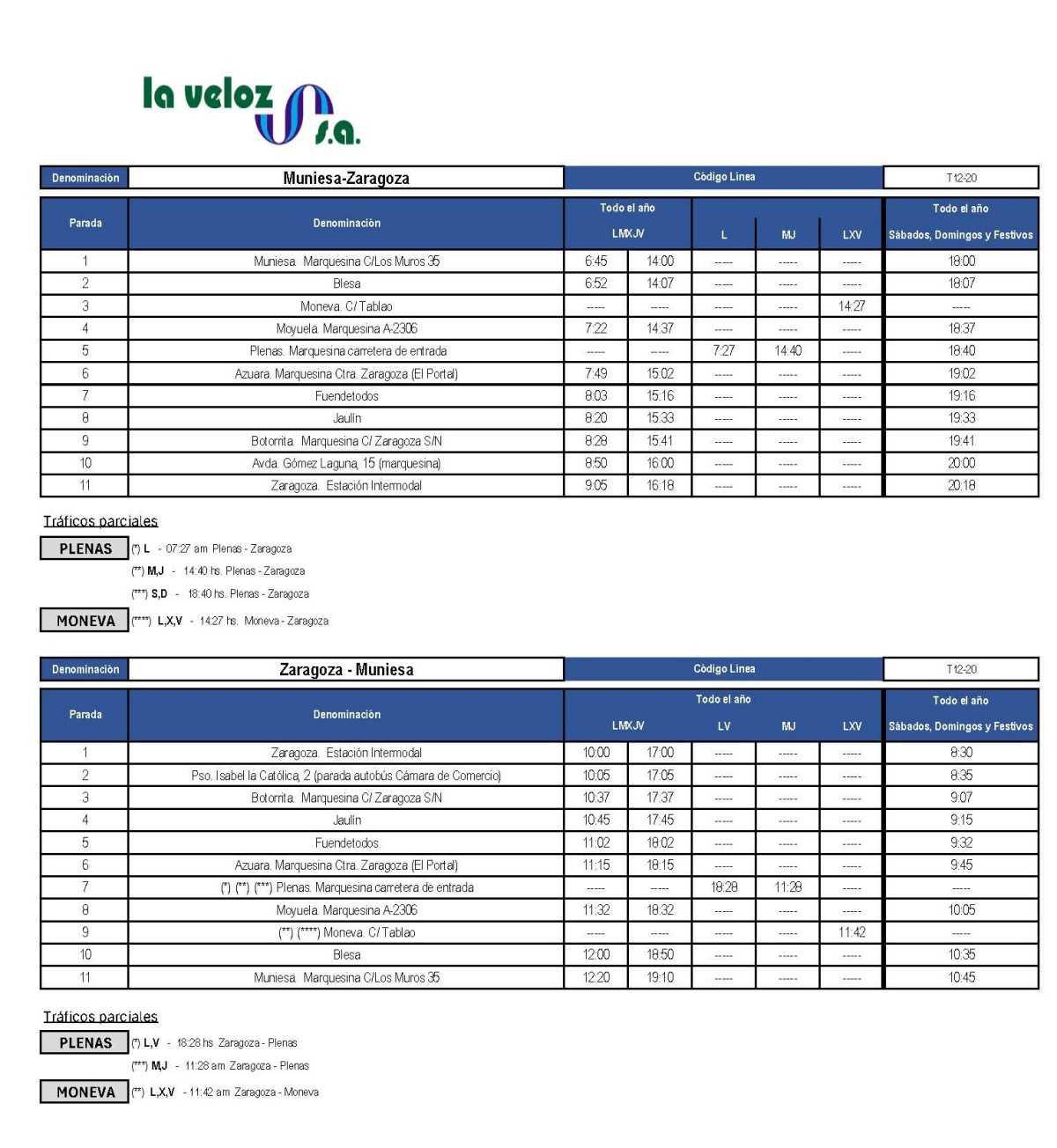 MUNIESA. CAMBIOS HORARIOS AUTOBÚS