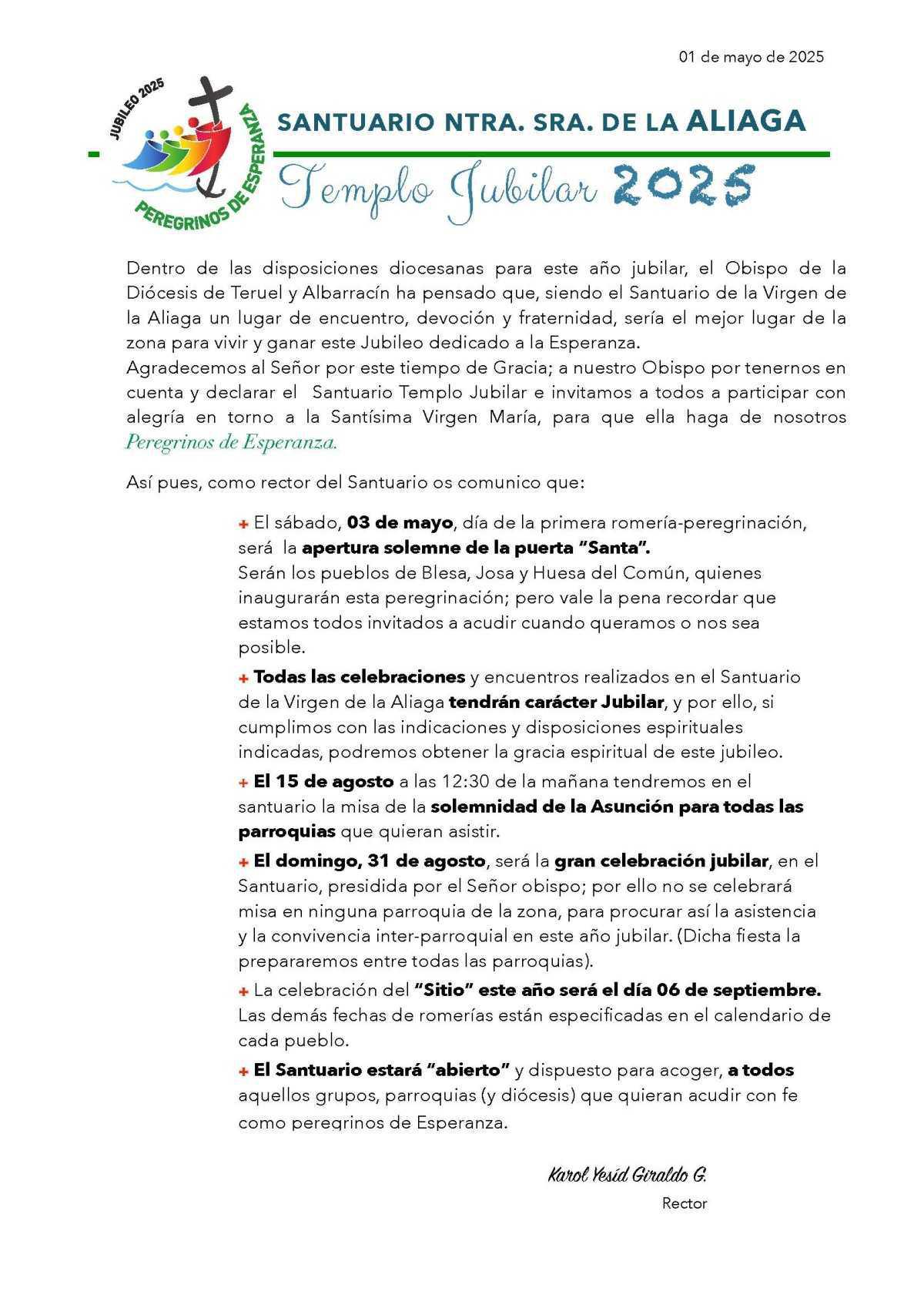 JUBILEO AÑO 2025 EN EL SANTUARIO JUBILEO AÑO 2025 EN EL SANTUARIO