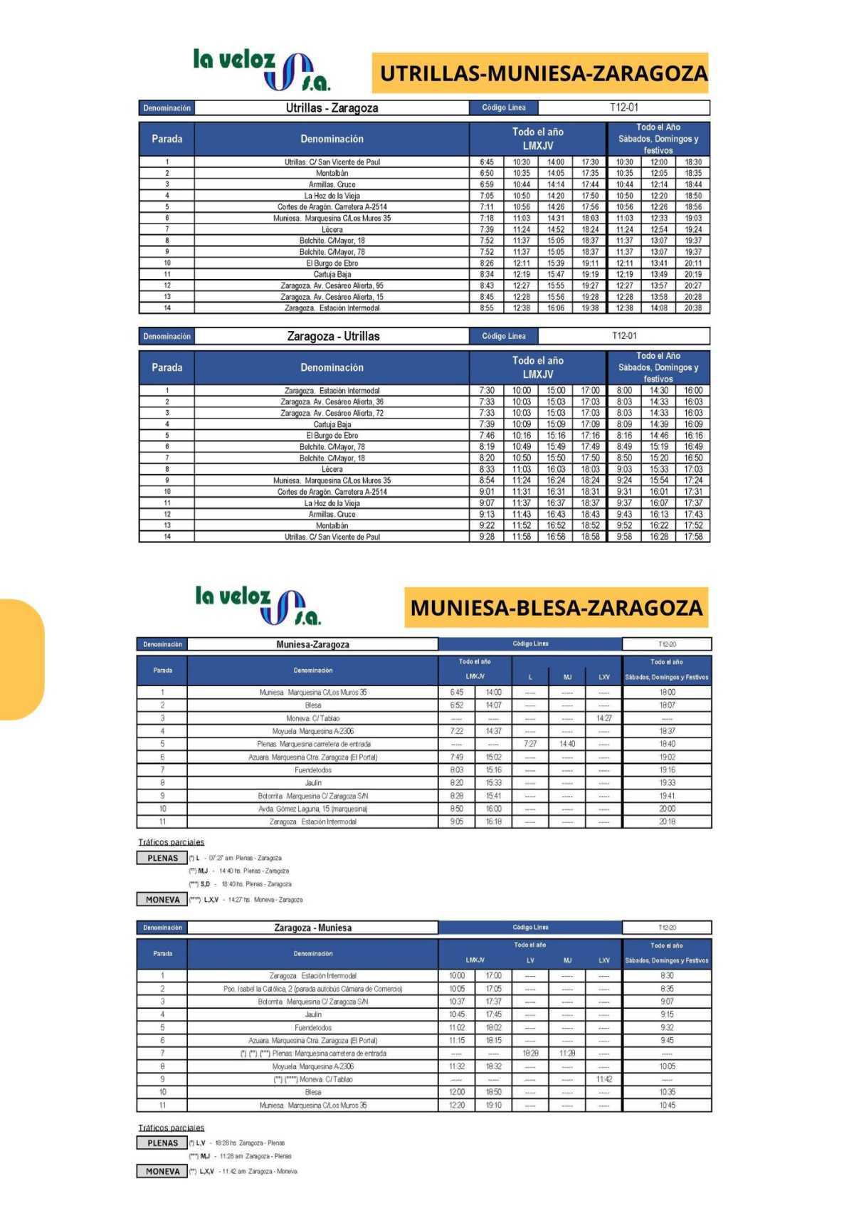 MUNIESA - ZARAGOZA HORARIOS BUS