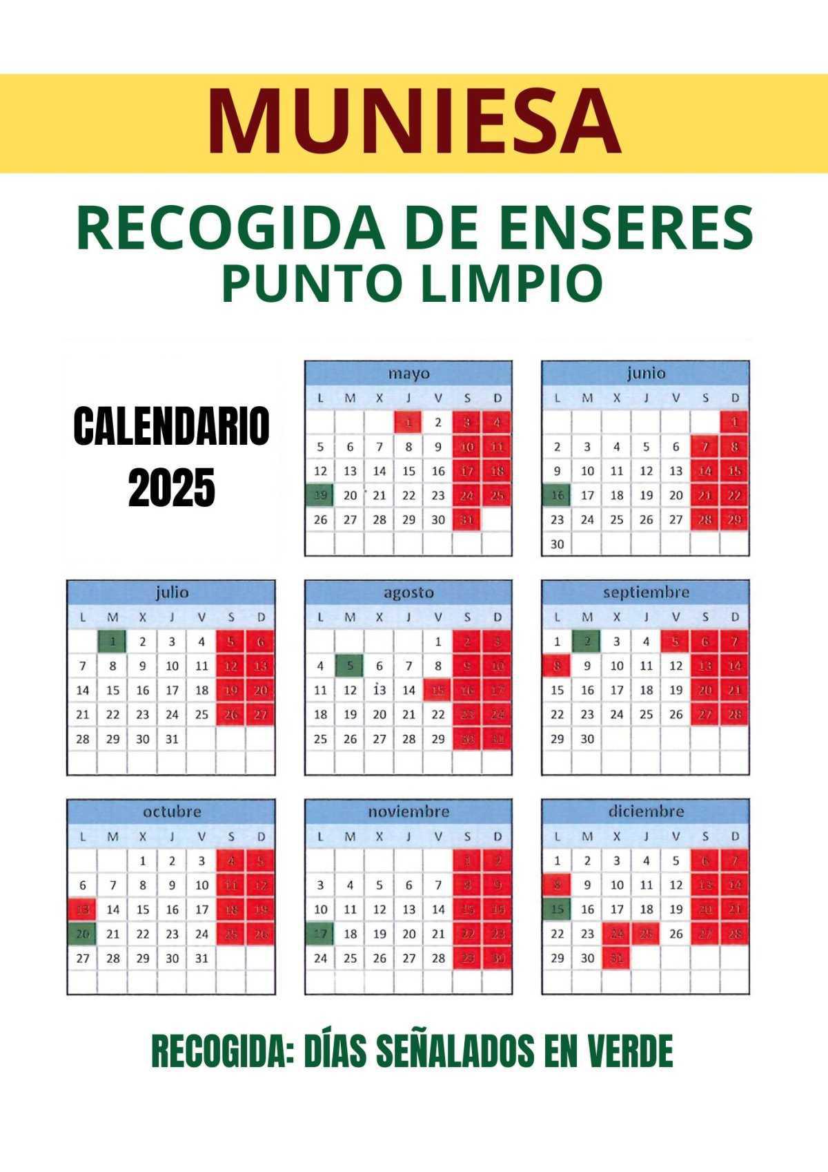 MUNIESA. ENSERES PUNTO LIMPIO MÓVIL. CALENDARIO MUNIESA. ENSERES PUNTO LIMPIO MÓVIL. CALENDARIO