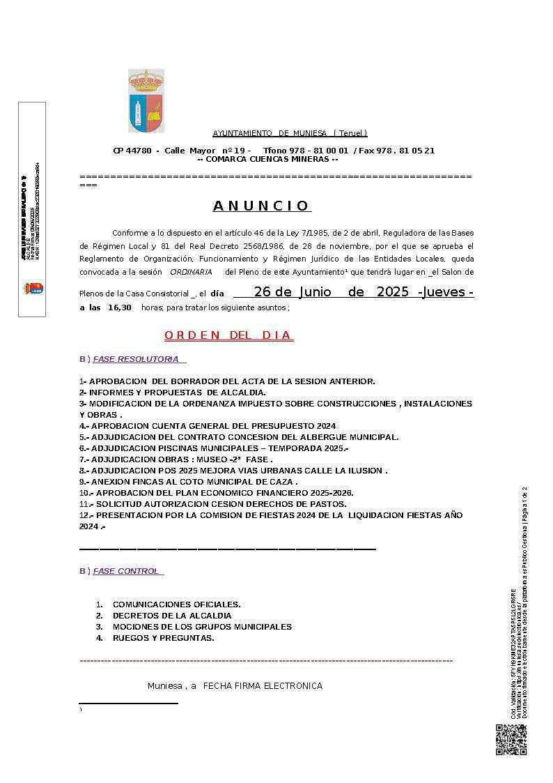 MUNIESA. PLENO ORDINARIO MUNIESA. PLENO ORDINARIO