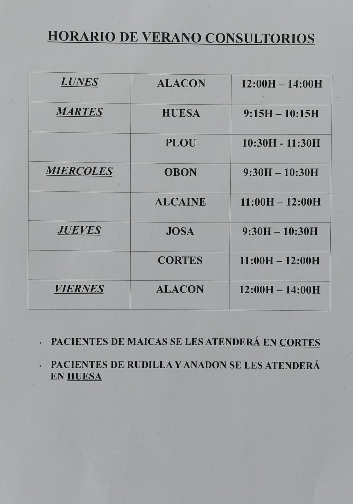 HORARIOS DE VERANO CONSULTAS PUEBLOS