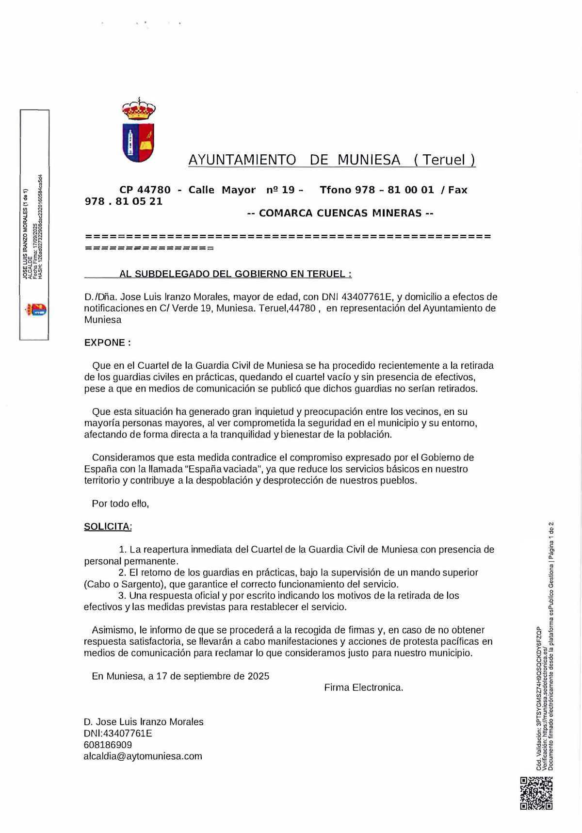 MUNIESA CONTRA EL CIERRE DEL CUARTEL
