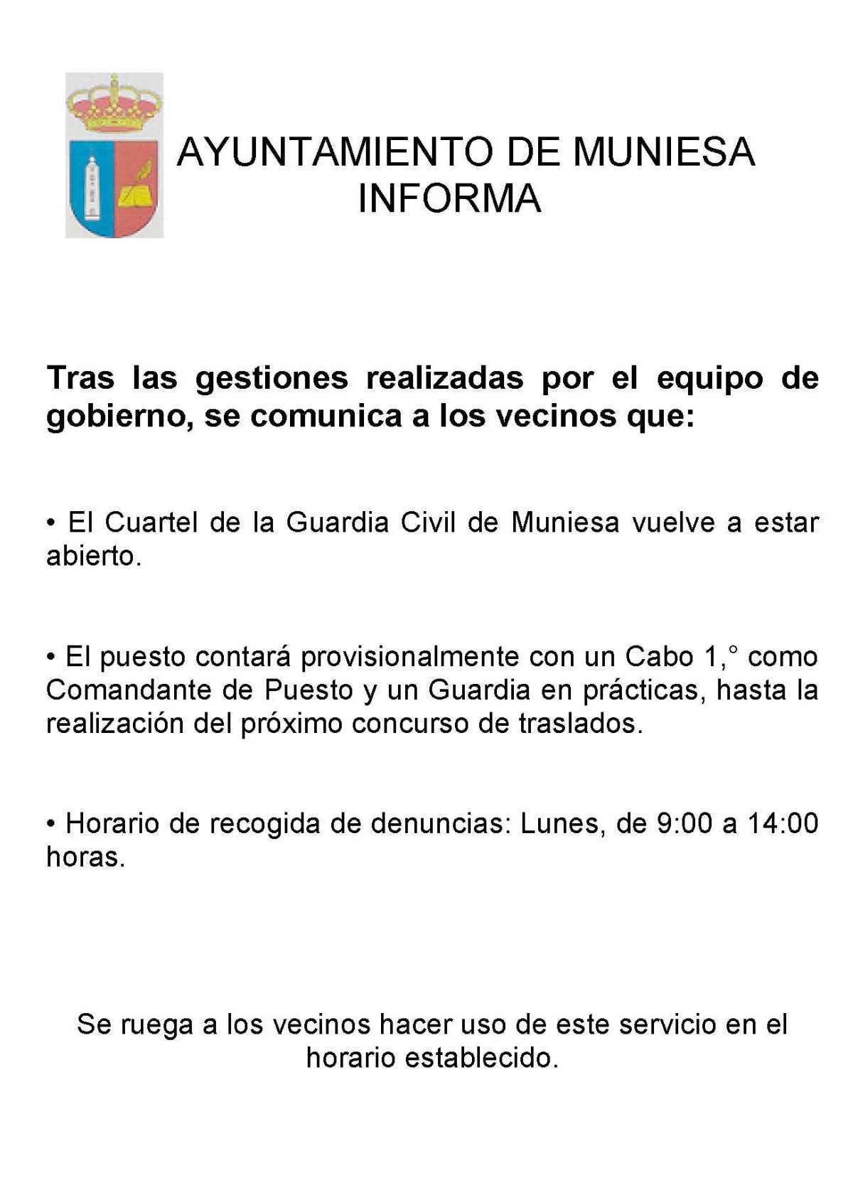 MUNIESA DESCONVOCA PROTESTA POR CUARTEL