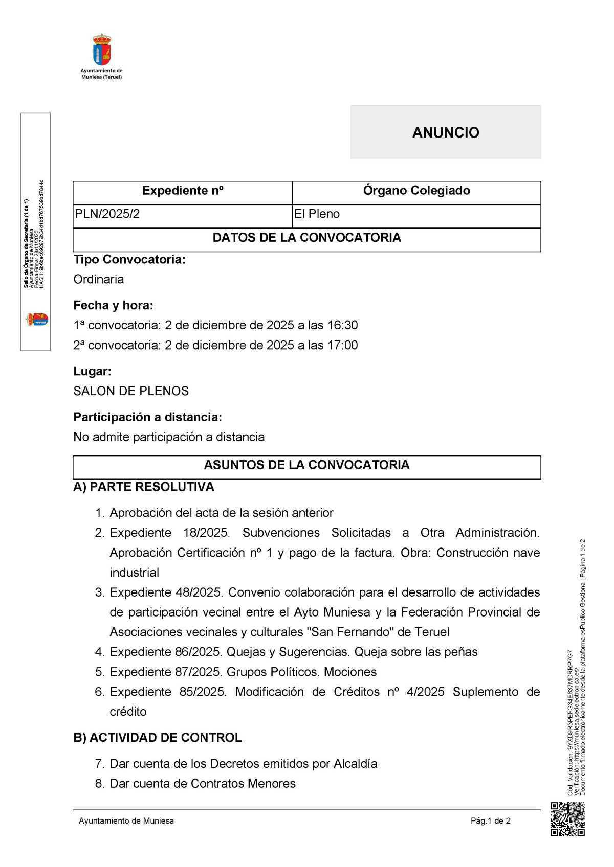 MUNIESA. PLENO ORDINARIO