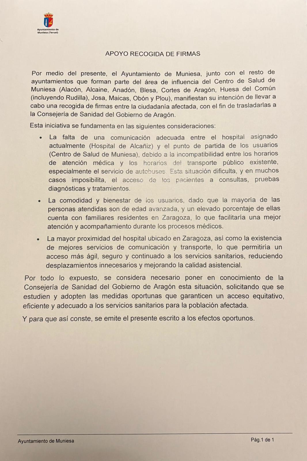MUNIESA. RECOGIDA FIRMAS HOSPITAL