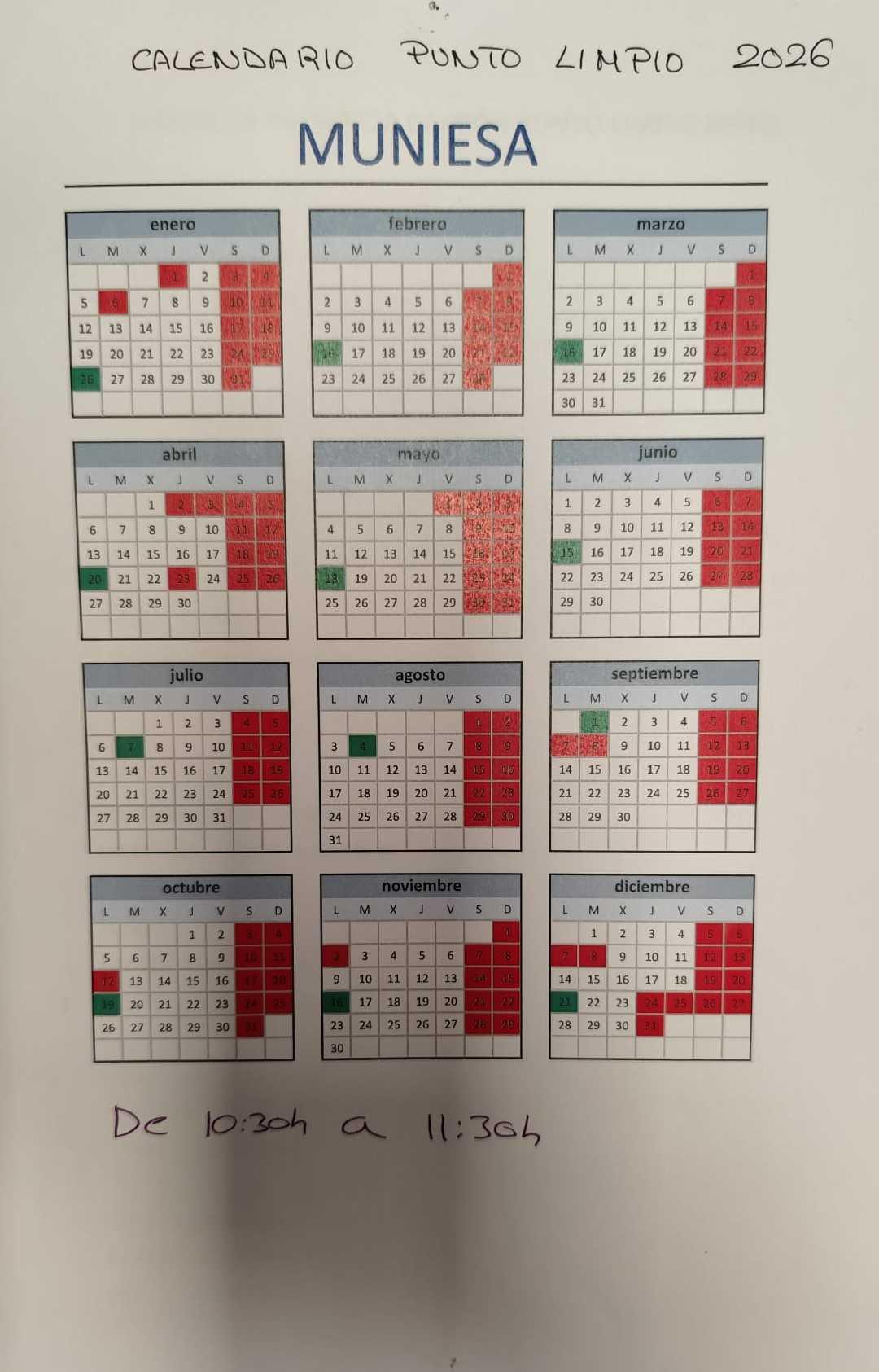 MUNIESA. PUNTO LIMPIO CALENDARIO 2026