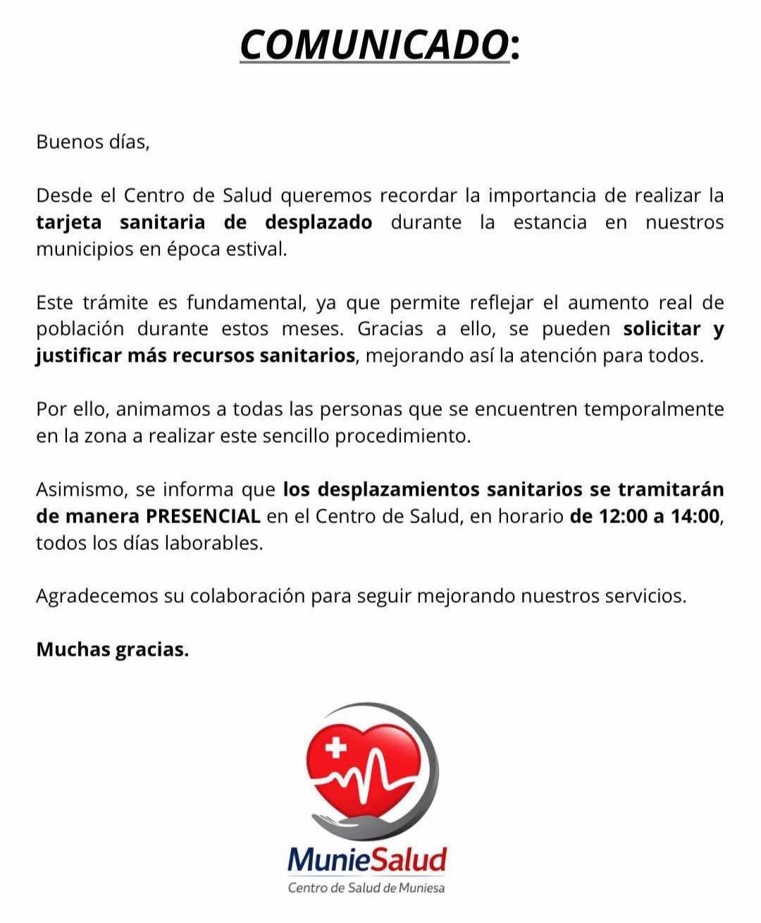 MUNIESA. AVISOS CENTRO DE SALUD