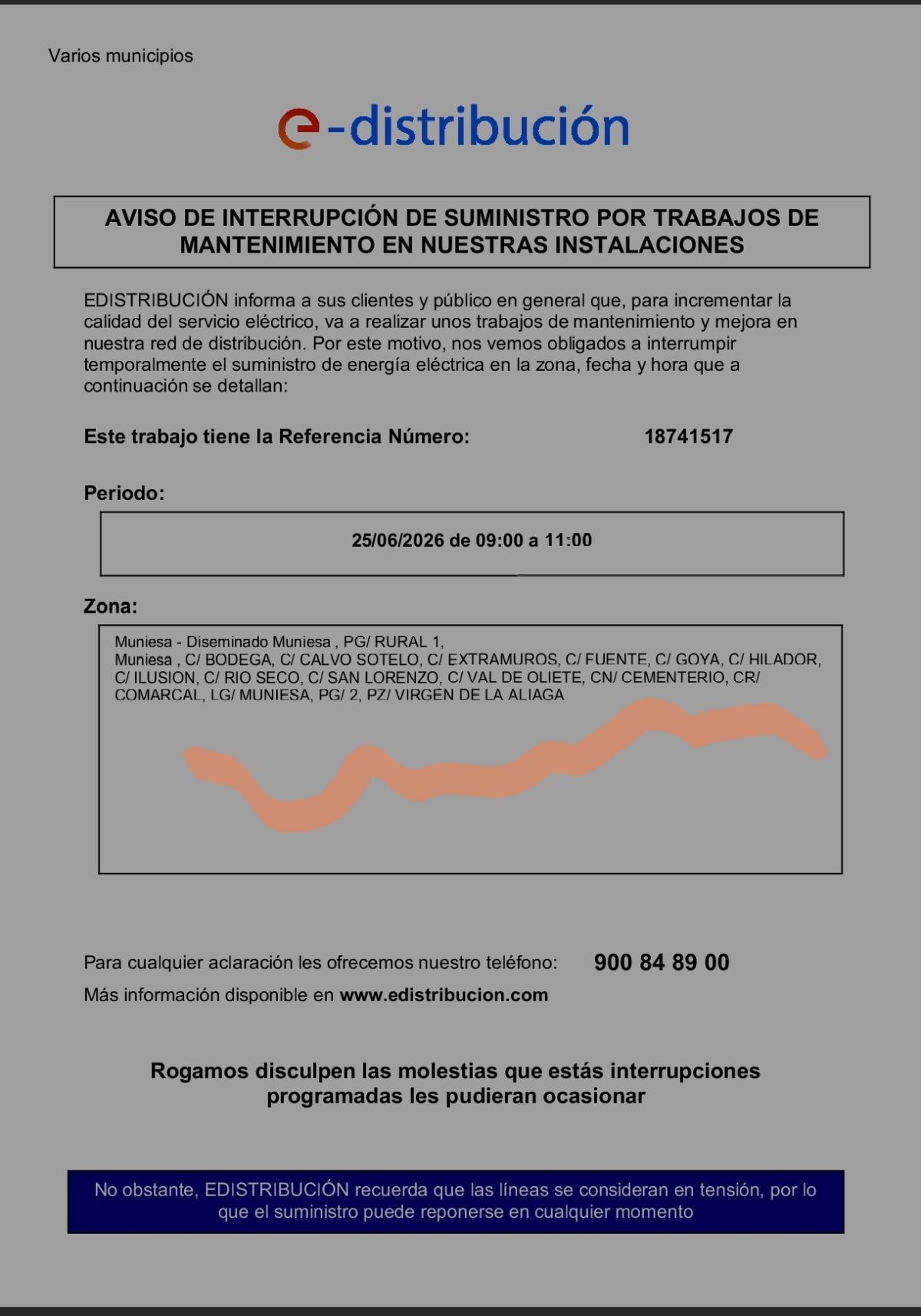 MUNIESA. AVISO DE CORTE DE LUZ MUNIESA. AVISO DE CORTE DE LUZ