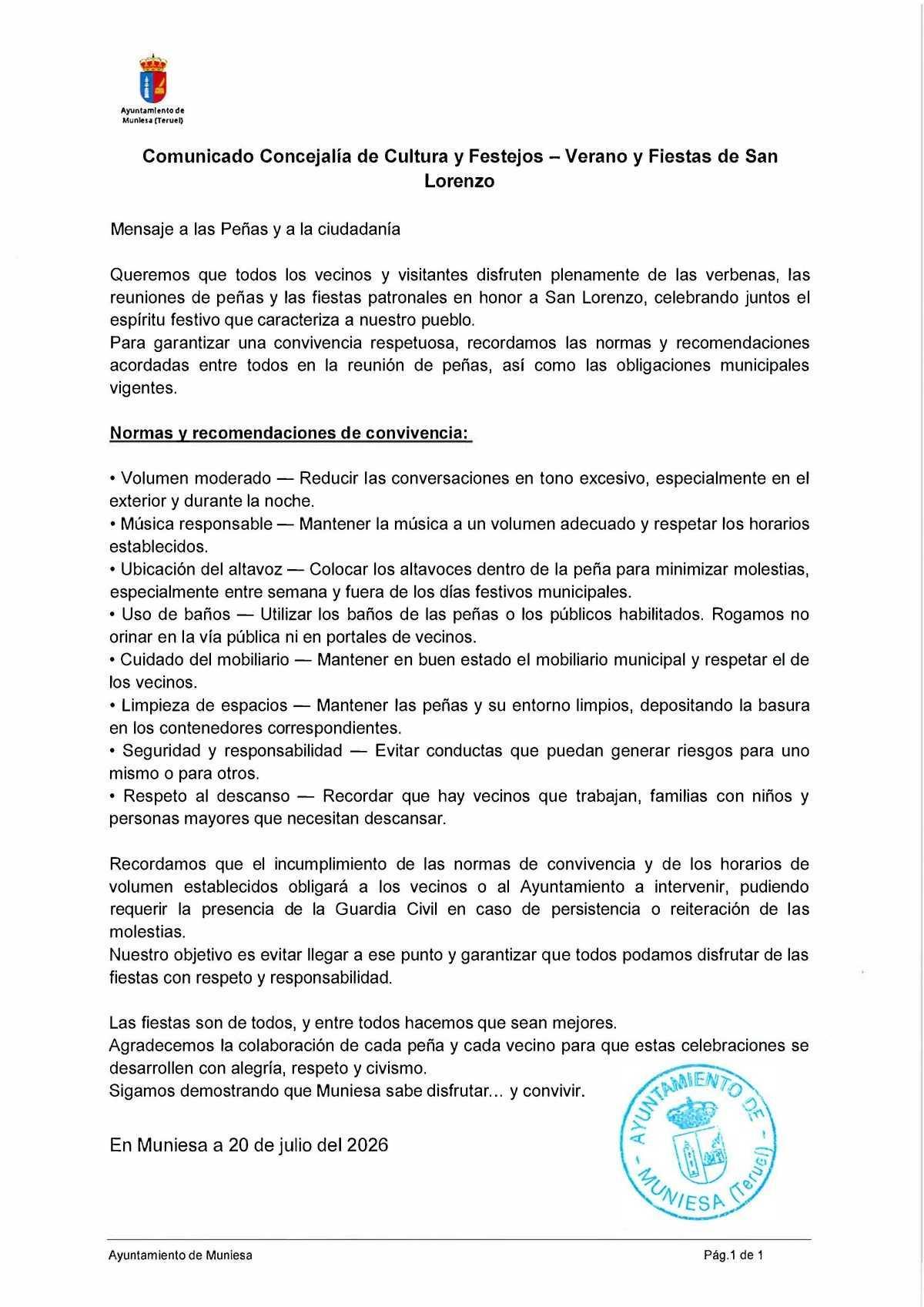 MUNIESA EN FIESTAS. RECOMENDACIONES MUNIESA EN FIESTAS. RECOMENDACIONES