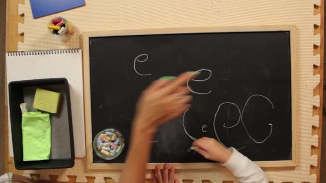 Writing Lesson 20 - letter e on blackboard & paper
