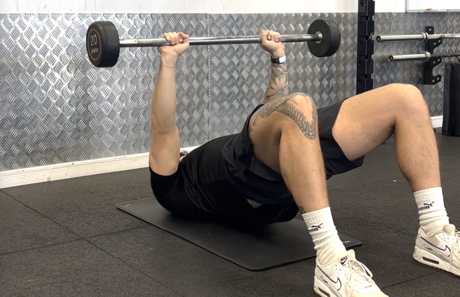 Barbell Floor Press (Glute Bridge Hold)