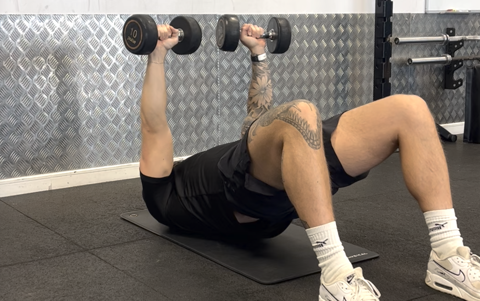 Dumbbell Floor Press (Glute Bridge Hold)