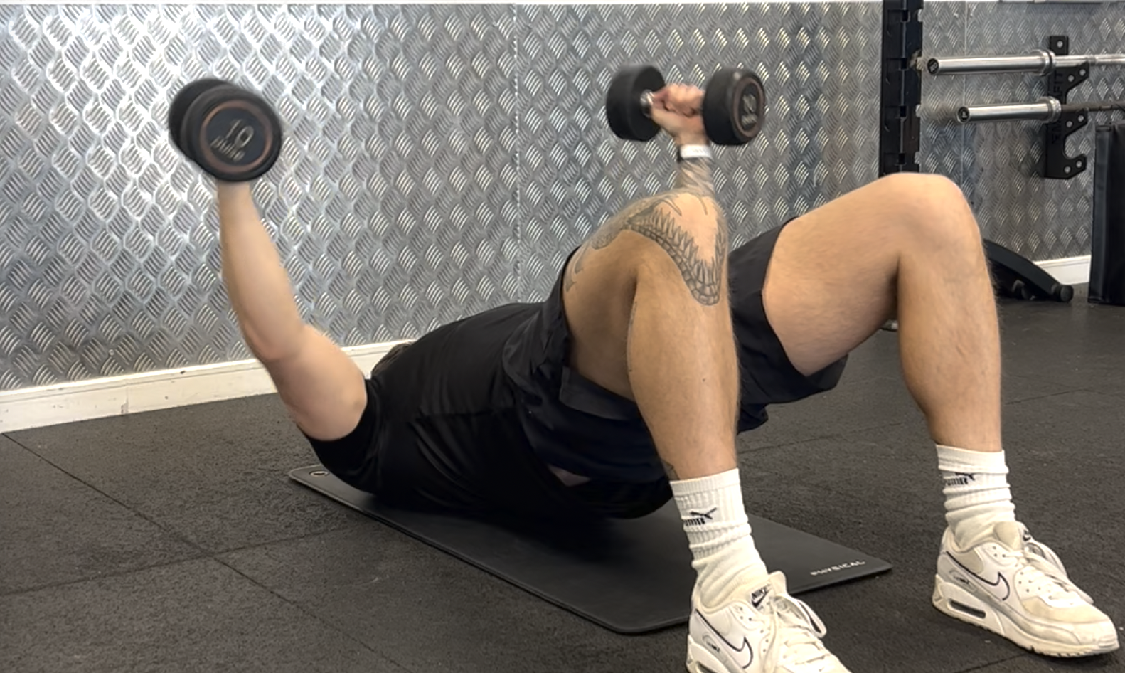 Dumbbell Floor Fly (Glute Bridge Hold)
